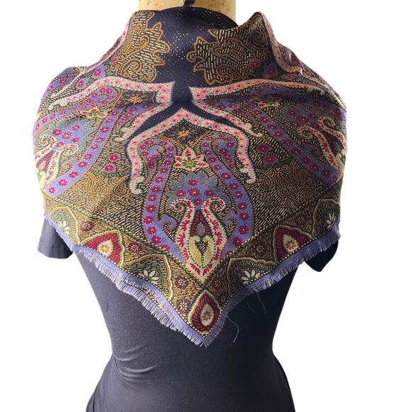 Oscar De La Renta Purple Wool Printed Sparkly Scarf fringe edges 30in Vintage - Picture 8 of 10